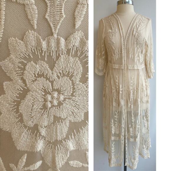 Rachel Zoe Other - NWT Rachel Zoe Cream Floral Embroidered Lace Boho Coverup Kimono Duster ONE SIZE